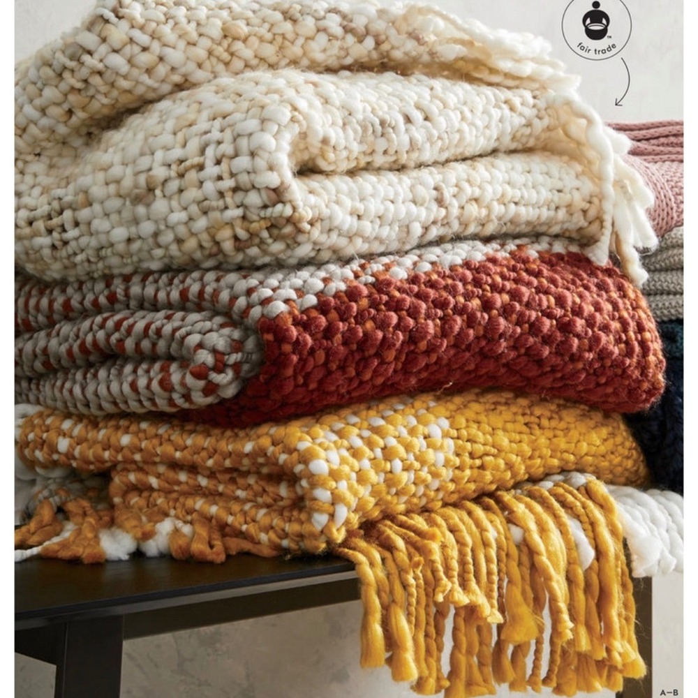 BB Shabby Chic Rust Orange White Textured Woven Throw Blanket with Fringe‎ Trim